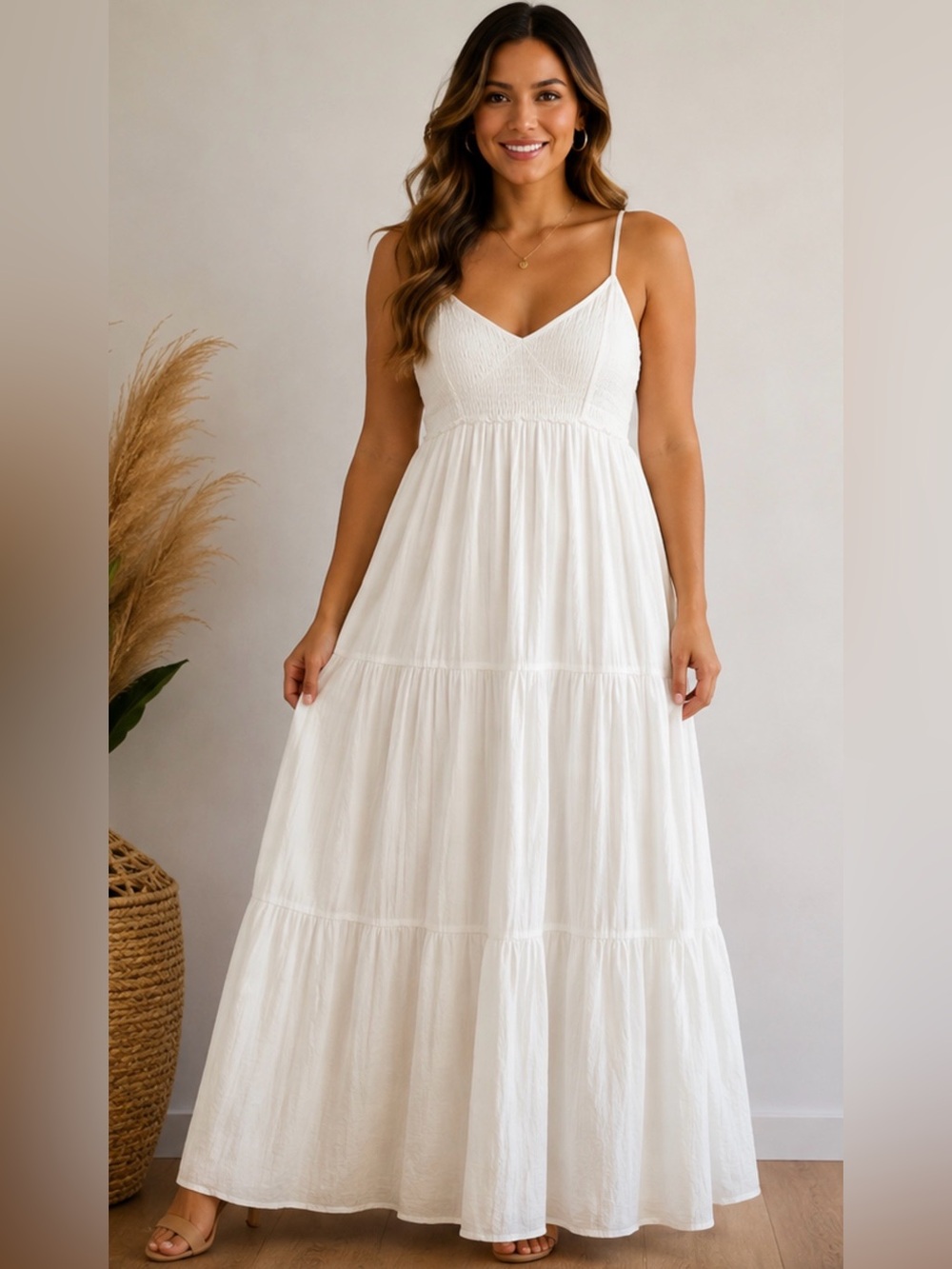 Smocked Bodice White Maxi Dress with Spaghetti Straps